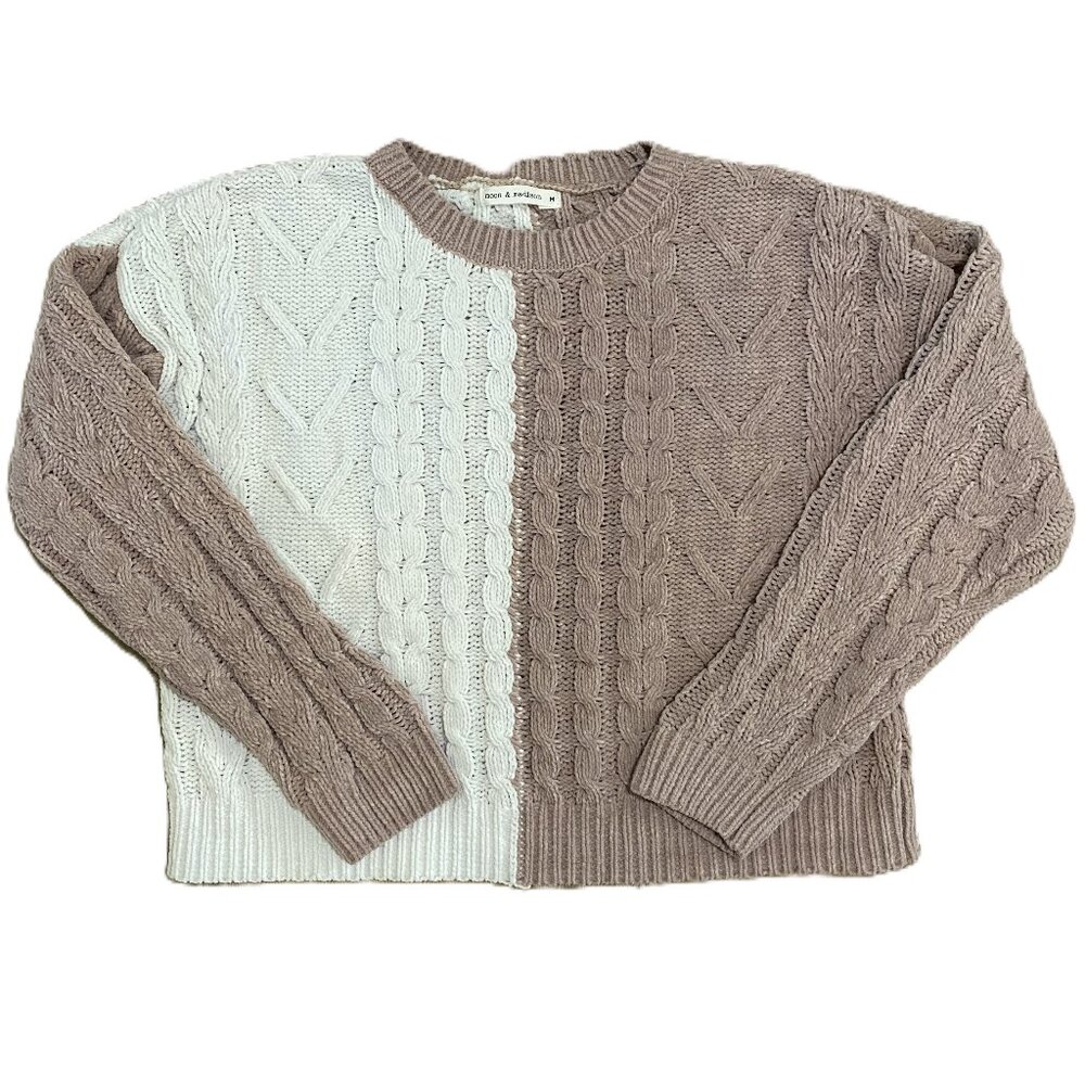 Moon & Madison Ivory White/Taupe Cropped Cable Knit‎ Sweater Size Medium Women's